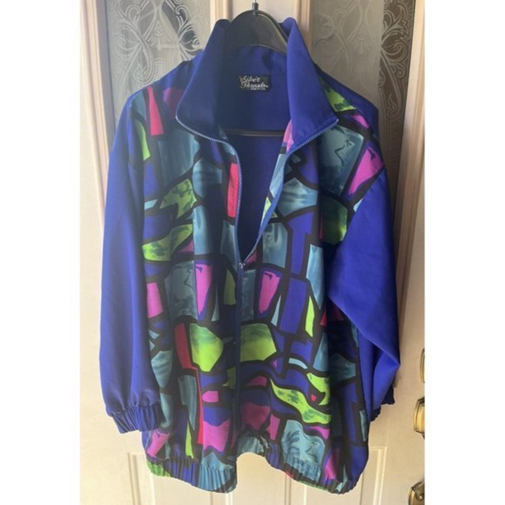Vtg Silver Threads 90s Zip Up Neon Pink Green Blue L Collared Shirt Jacket‎ USA